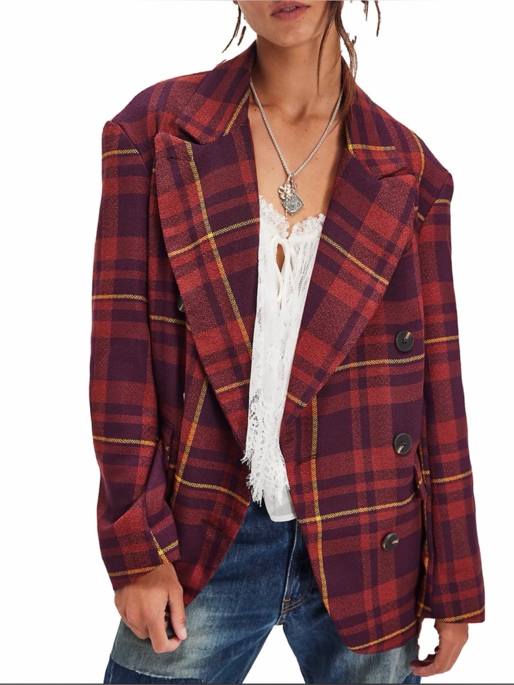 Free People Dean  Double-Breasted Blazer Plum Combo NWT
